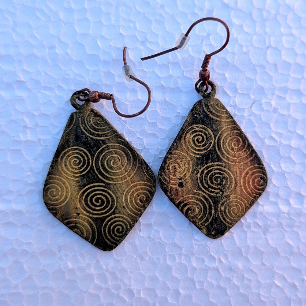 Copper Tone Diamond Spiral Etched‎ Drop Earrings Boho Dangle Jewelry - Picture 2 of 3